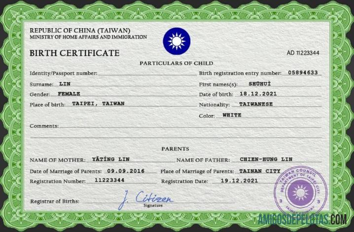 Certidão de Nascimento de Taiwan modelo
